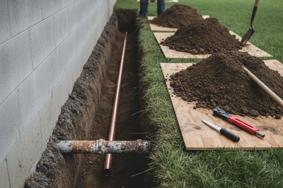 Excavated water line trench during Water Heater Repair in Smyrna